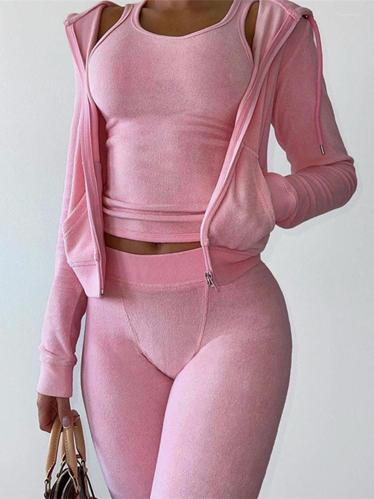 

Women' Two Piece Pants Autumn Pink 3 Three Sets Tracksuit Women Outfit 2022 Long Sleeve Zip Up Hooded Crop Top Skinny Matching, Black