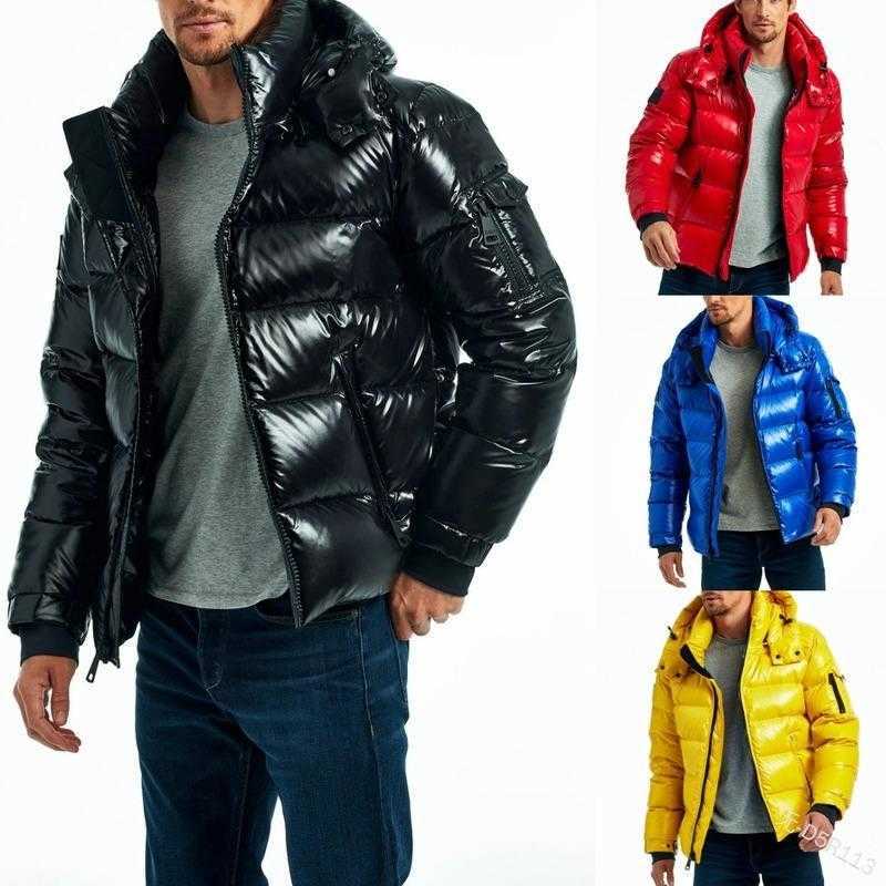 

Men' Down Parkas Mens Shiny Zipper Hooded Jacket Winter Outwear Overcoat Puffer Bubble Pocket Parka Coat Design Fashion Casual Warm Outerwear, Yellow