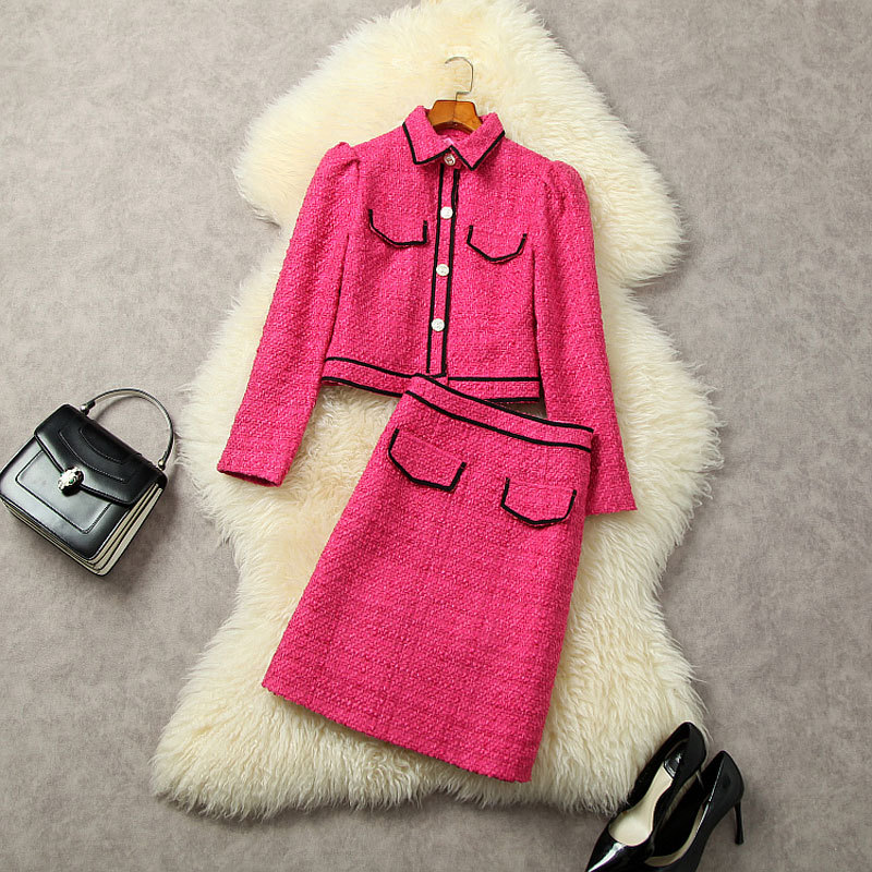 2022 automne rose vif contraste couleur deux pièces robe ensembles à manches longues revers cou tweed manteau à simple boutonnage lambrissé genou