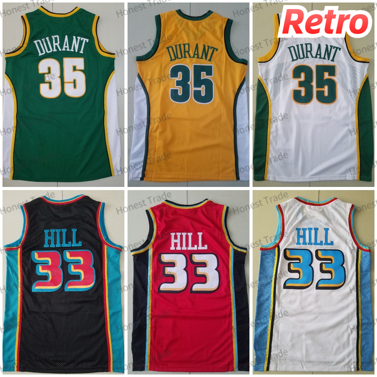 

Men Durant 35 Basketball Jersey 33 Grant Hill Green Yellow Red White M&N Stitched Mens Jerseys Vintage, Men jersey
