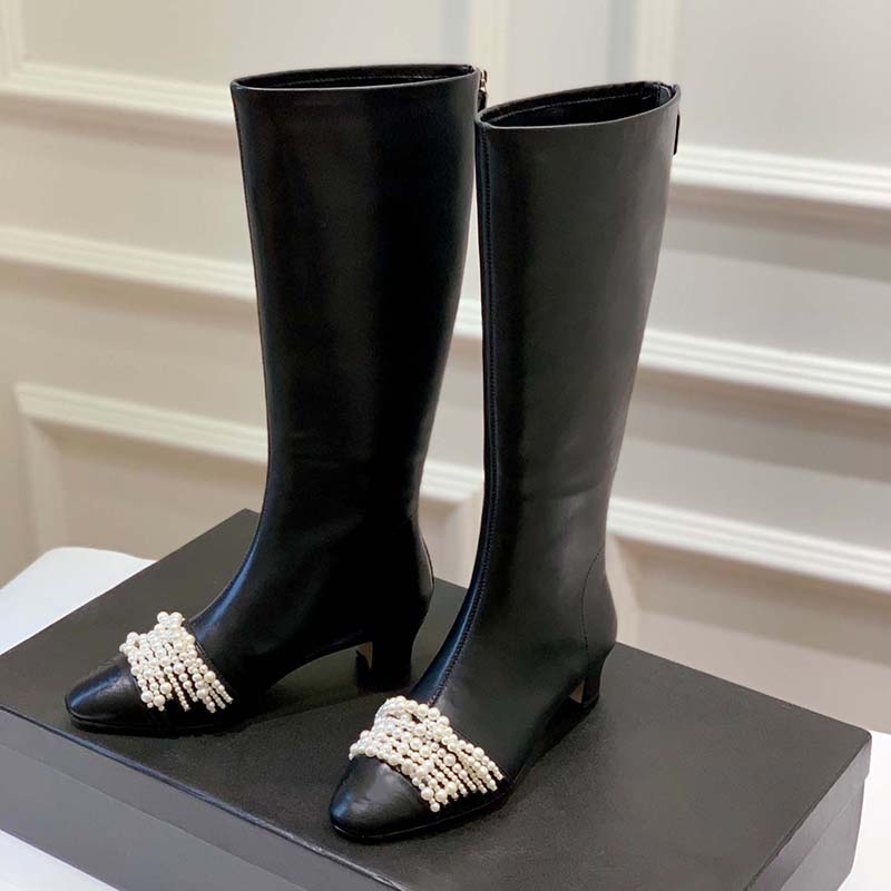 

Designer Womens Knee Boots Chunky Heels Calfskin Fall Winter With Pearl Chain Zippers Fashion Knight Boot 35-40, Black