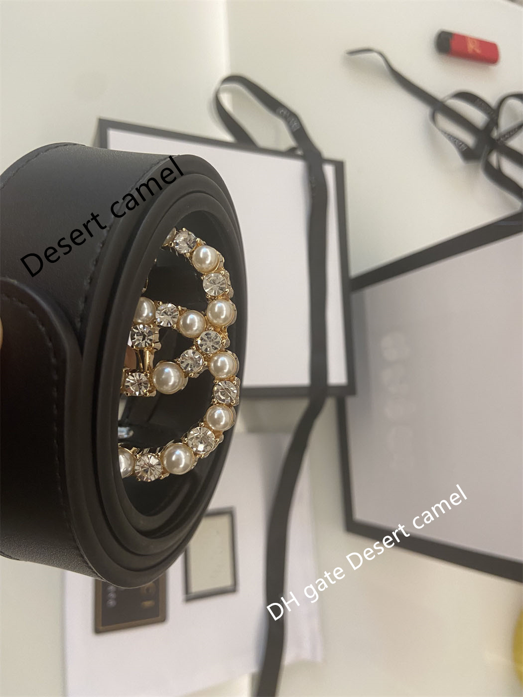 

Luxury Designer men's and women's belts gold silver double letter inlaid pearl diamond belt pure leather 3.5cm with box dustproof cloth small card gift rope handbag-1, D 116610
