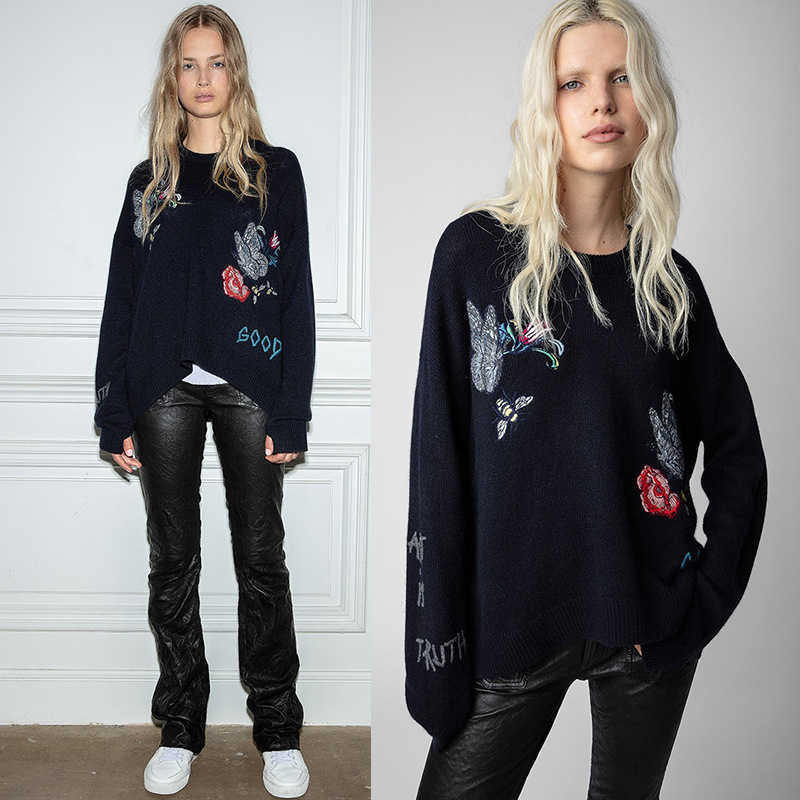 

Cashmere Knitted Sweater Butterfly Flower Knits Letter Embroidery Flower zadigs 100% Cashmere Knitwear Women Sweaters, Navy blue