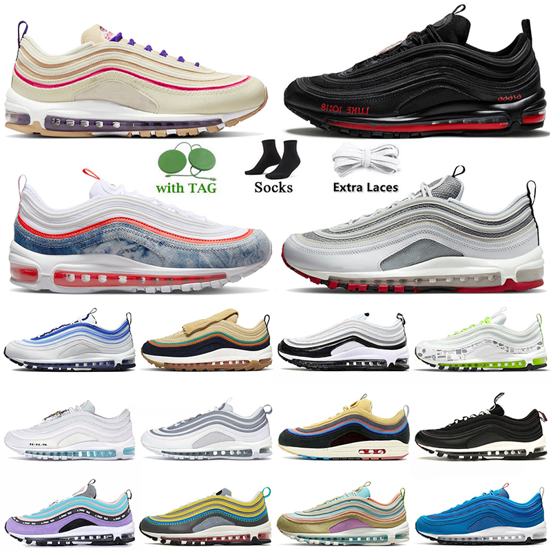 

2022 Airness 97 Running Shoes Triple White Black Bullet Golf NRG Washed Denim Satan Worldwide Pack Cork for Men Women 97s Sprung Sun Club Trainers Sneakers With Socks, A#27 cork obsidian 36-45