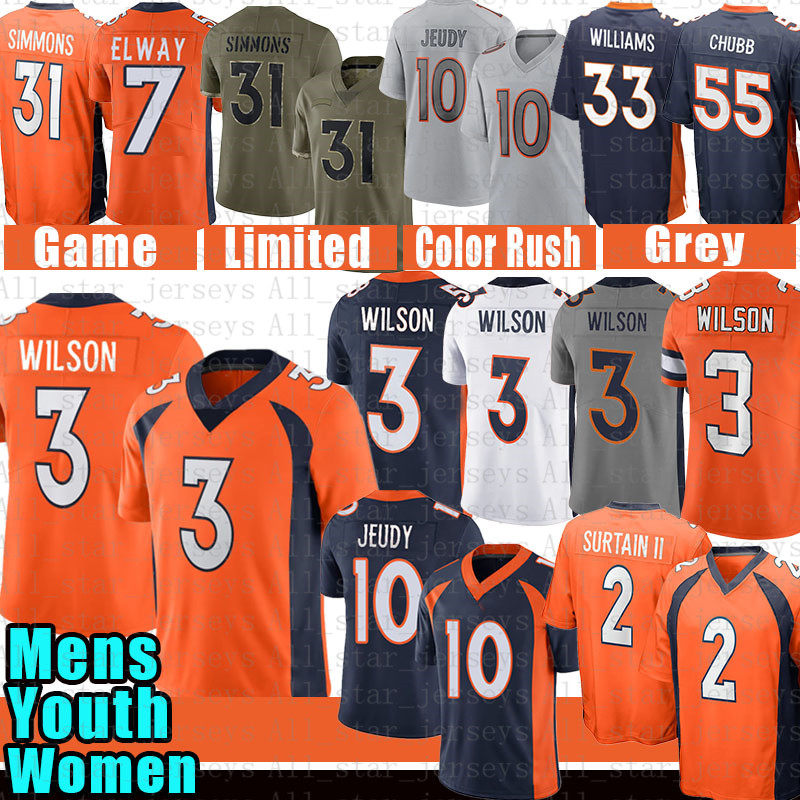 

3 Russell Wilson Football Jersey Justin Simmons Jerry Jeudy Pat Patrick Surtain II Javonte Williams Bradley Chubb Denver Peyton Manning Broncos John Elway Fant, Mens jersey(ym)