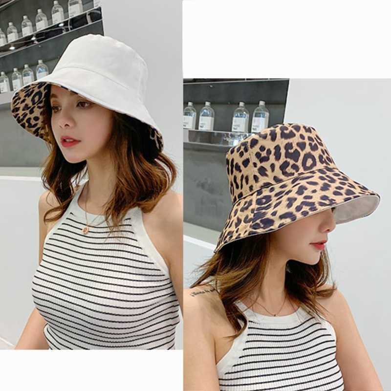 

Wide Brim Hats Women Leopard Print Bucket Comfortable Breathe Foldable Men Beach Flat Top Sun Fishing High Quality Panama Street G221014, Bk