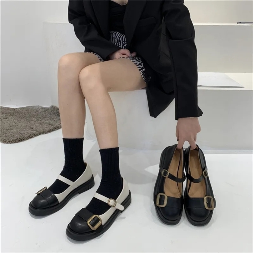 

Sepatu Wanita Retro Elegan Tali Gesper Mary Jane Lucu Chunky Platform Hitam Putih Kulit Pompa Wanita Gotik Flat 220614, Black