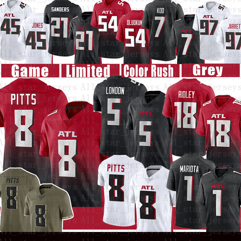 

1 Marcus Mariota 8 Kyle Pitts Football Jersey Mens Desmond Ridder 5 Drake London A.J. Terrell Jr. Ridley Deion Jones Atlantas Falcon Deion Sanders Cordarrelle Patterson, 2021 youth size s-xl(liey)