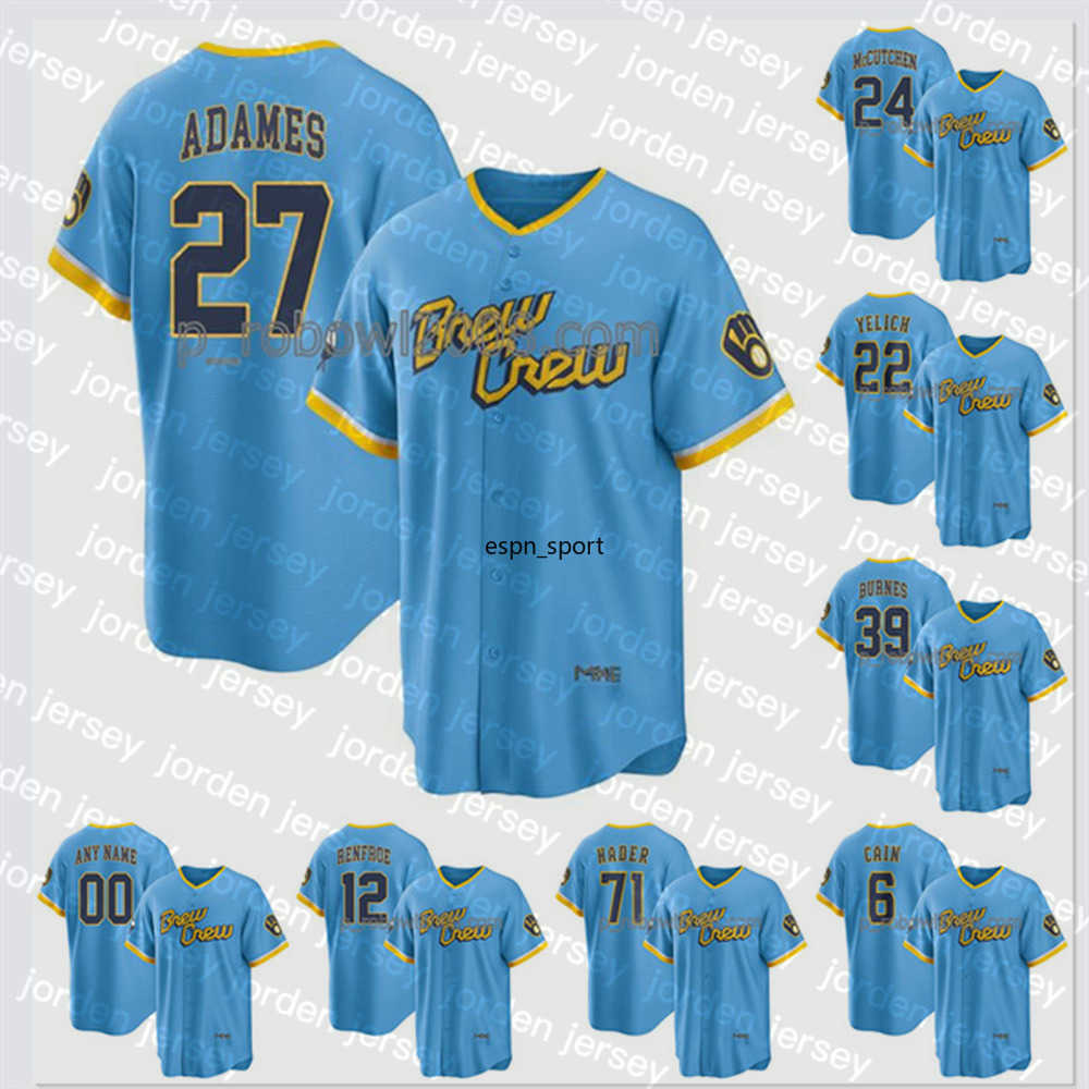 

Baseball Jerseys NEW College Baseball Wears Andrew 24 McCutchen Brewers 2022 City Connect Jersey S-/ Christian Yelich Willy Adames Josh Hader Lorenzo Cain, As picture