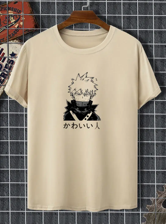 

Men' T-Shirts Cartoon Anime Fabric Medium Stretch Crew Neck, Khaki