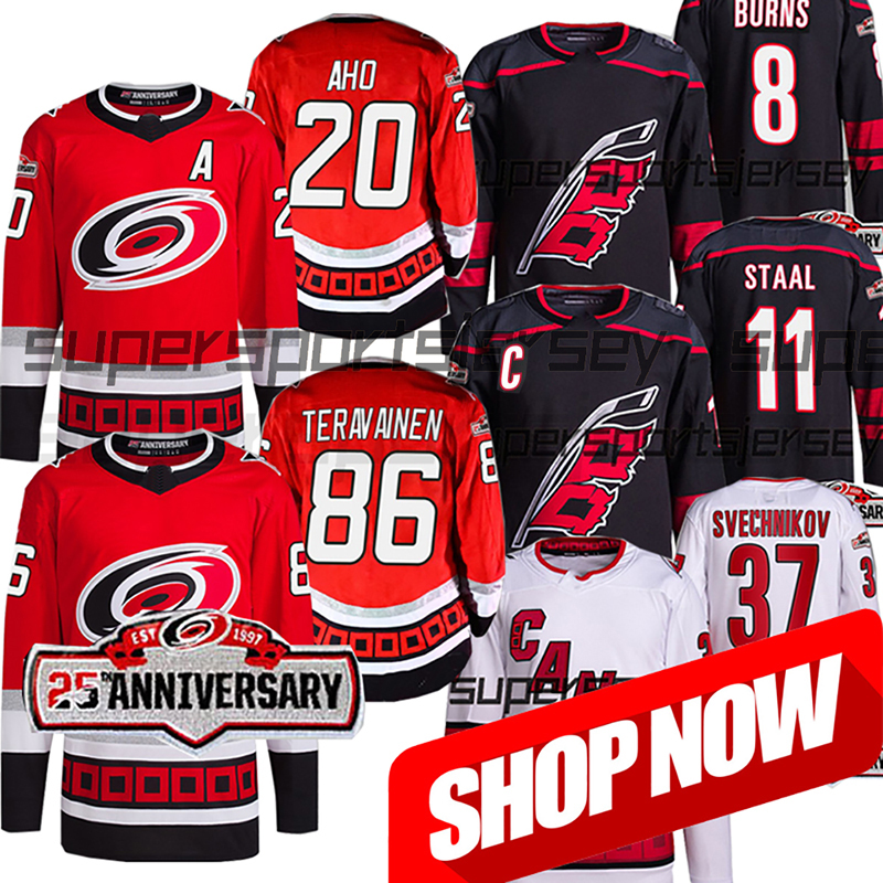 

Hurricanes 25th Jerseys Brent Burns Carolina Max Pacioretty Andrei Svechnikov Tony DeAngelo Sebastian Aho Teravainen Niederreiter Staal Jaccob Slavin 100% SEWN, Player version