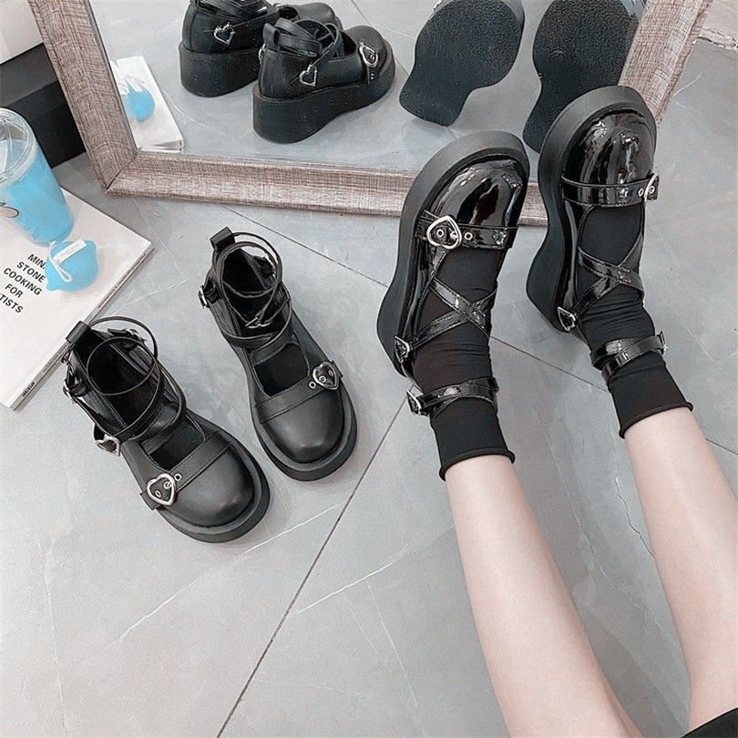 

Sepatu Tali Tumit Lolita Mary Jane Platform Wanita Wedges Kulit Paten Pantofel Gotik Hitam Chunky Fashion Ujung Bulat Flat 220614, Bright black