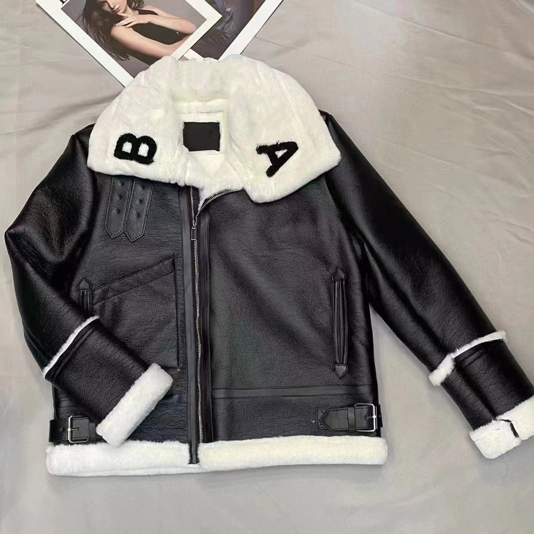 

Women Leather And Faux Lamb Fur Collar Stitching jacket coats Coat Down Jacket Plus Velvet To Keep Warm, Hi