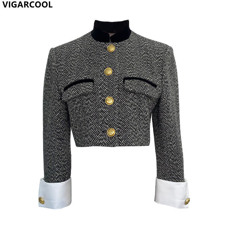 

Women' Jackets Retro Fashion Jacket Spring clothing design sense stand-up collar equestrian French tweed short Coat Women 221018, Black
