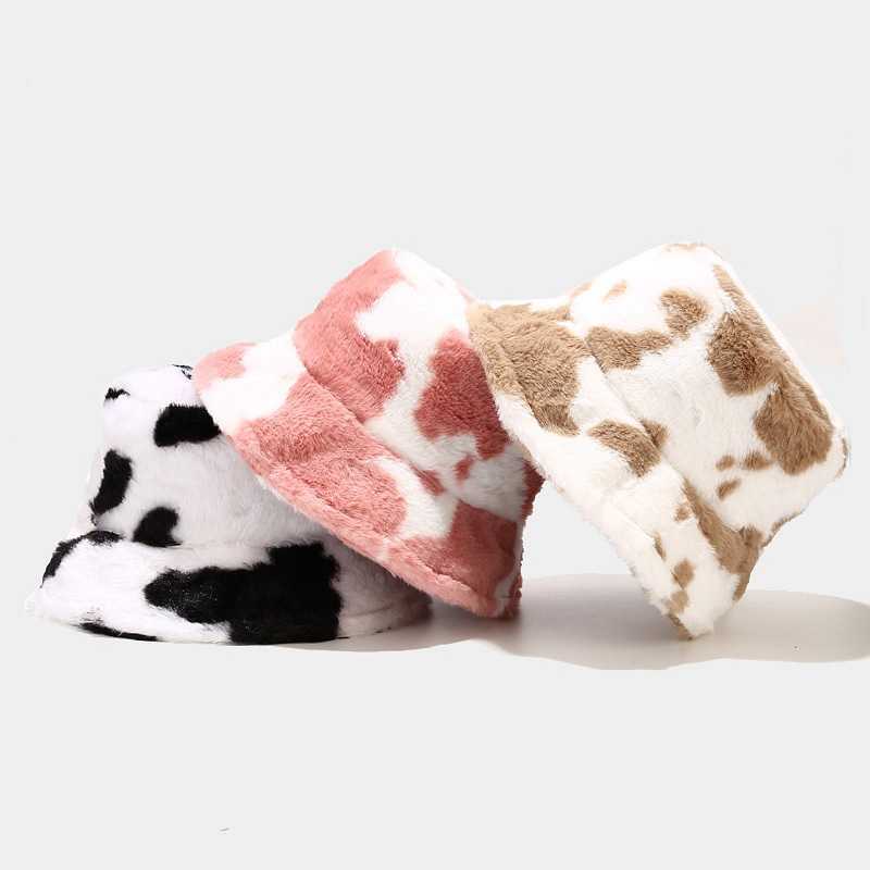 

Wide Brim Hats New Winter Cow Print Plush Bucket for Women Tourism Outdoor Warm Hat Soft Velvet Fisherman Cap Lady Fashion Panama Present G221014, Pink
