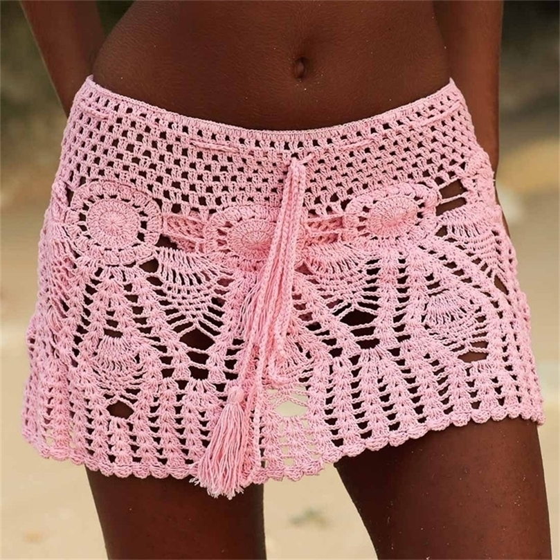 

8 Color Hand Crochet Florens Skirt Women Sexy Beach cover up Boho Style elastic waistband 220618, Beige