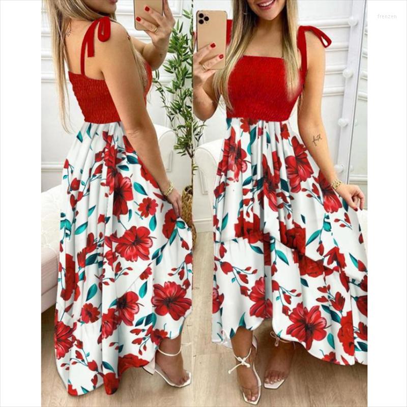 

Casual Dresses Summer Sexy Spaghetti Strap Floral Print Maxi Dress For Women 2022 Elegant Chest Wrap Long Woman Beach Holiday, Red