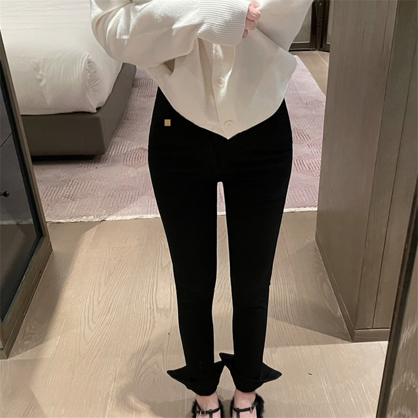 

Luxury Plush Women Pants Slim Slit Black Pants Winter Spring Warm Tight Trousers, Black with label *
