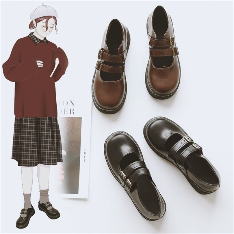 

Sepatu Coklat Retro Mode Wanita Tali Gesper Datar Kulit Oxford Lucu Gotik Baru Lolita Mary Janes 220614, Black