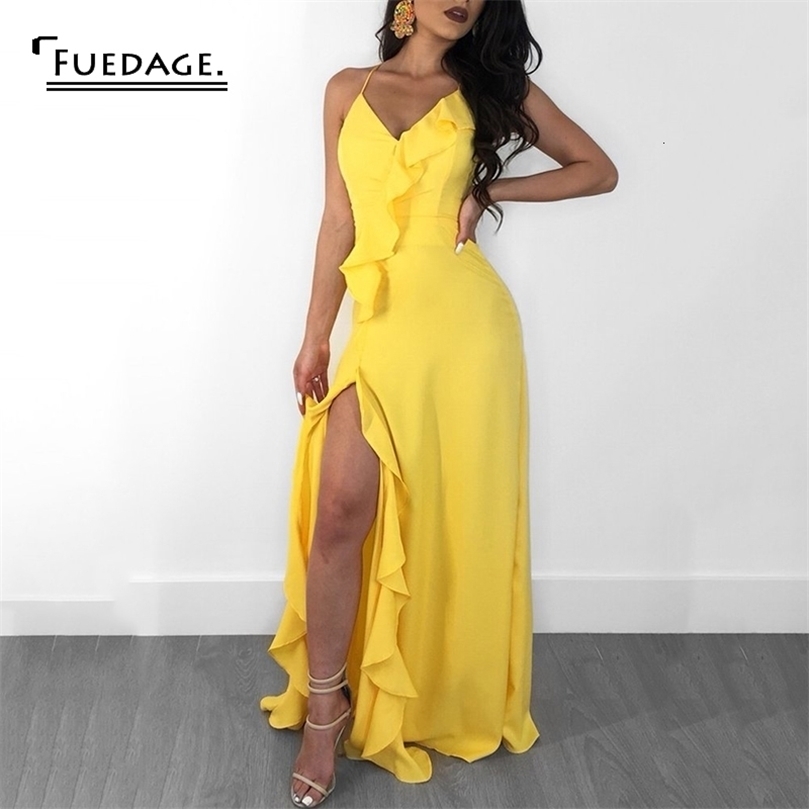 Fuedage Chiffon Summer Women Yellow Maxi Dress Sexy V Neck Backless Party Bodycon Dresses High Split Ruffles Long Dress Vestido MX200518
