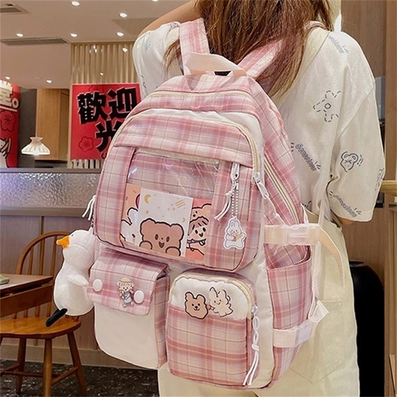

EST Plaid Transparent PVC Kawaii Contrast Color Girls College Leisure Kawaii Backpack Large Nylon School Backpack For Women Bags 220815, Green
