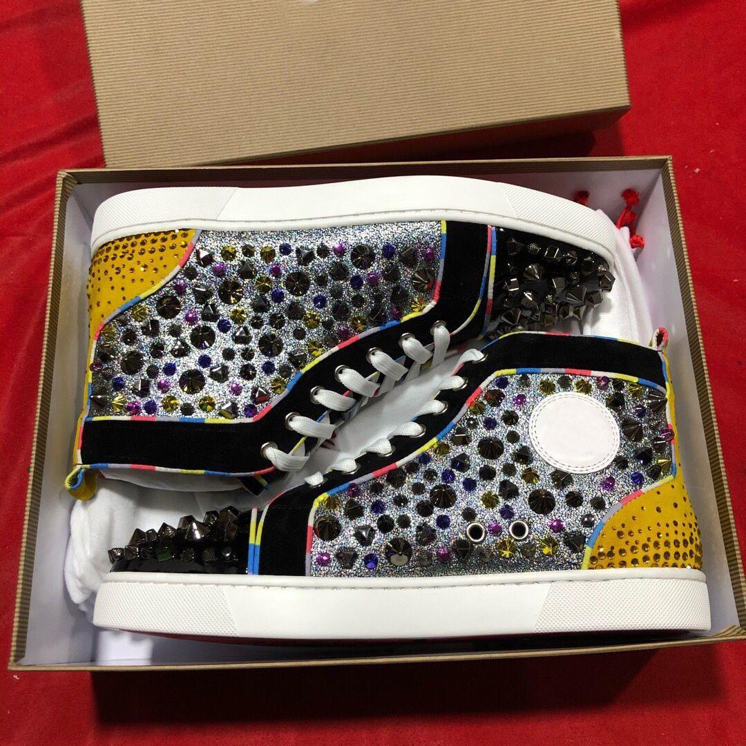 

Red-Bottoms Shoes Christians Glitter Leather/ Mix Studs Red Sneakers Shoes High Top Spikes Men's Casual Comfort Party Dress Walking Out TwT