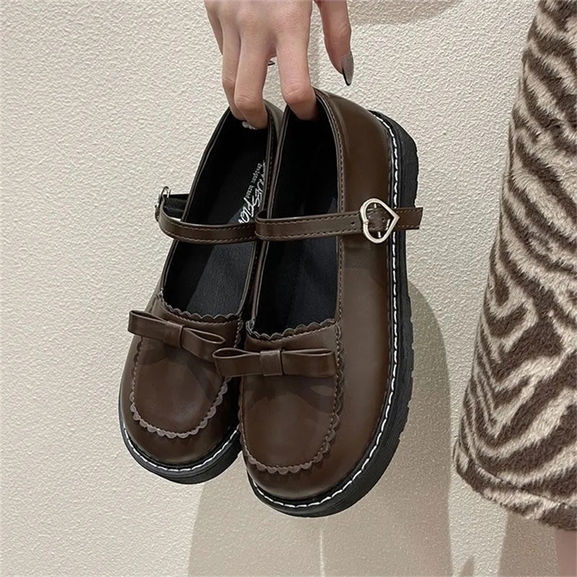 

Sepatu Kulit Tali Gesper Perancang Busana Datar Platform Chunky Lucu Wanita Mary Jane Hati Simpul Gotik Lolita 220614, Black