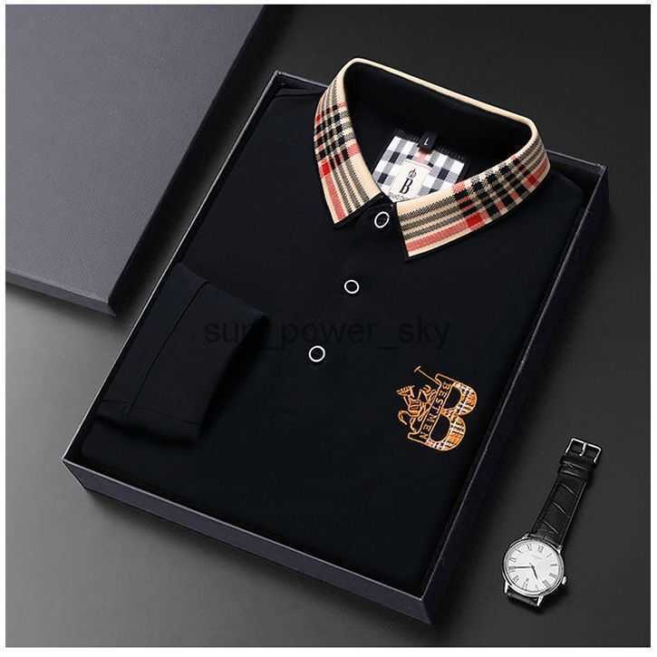 

Men's T-Shirts Burbrerys Designer Fashion Brand Spring Autumn Long Sleeve T-shirt Men Pure Color Handsome Undercoat Silk Cotton POLO Shirt Tee, Green