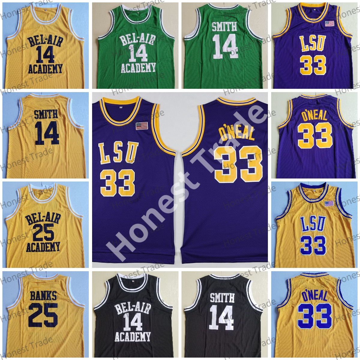 

Will Smith 14 Yellow Basketball Jersey Fresh Prince of Bel Air Academy 25 Carlton Banks LSU Tigers 33 Shaquille OShaq Neal Purple Green Mens Stitched Jerseys, Men jersey