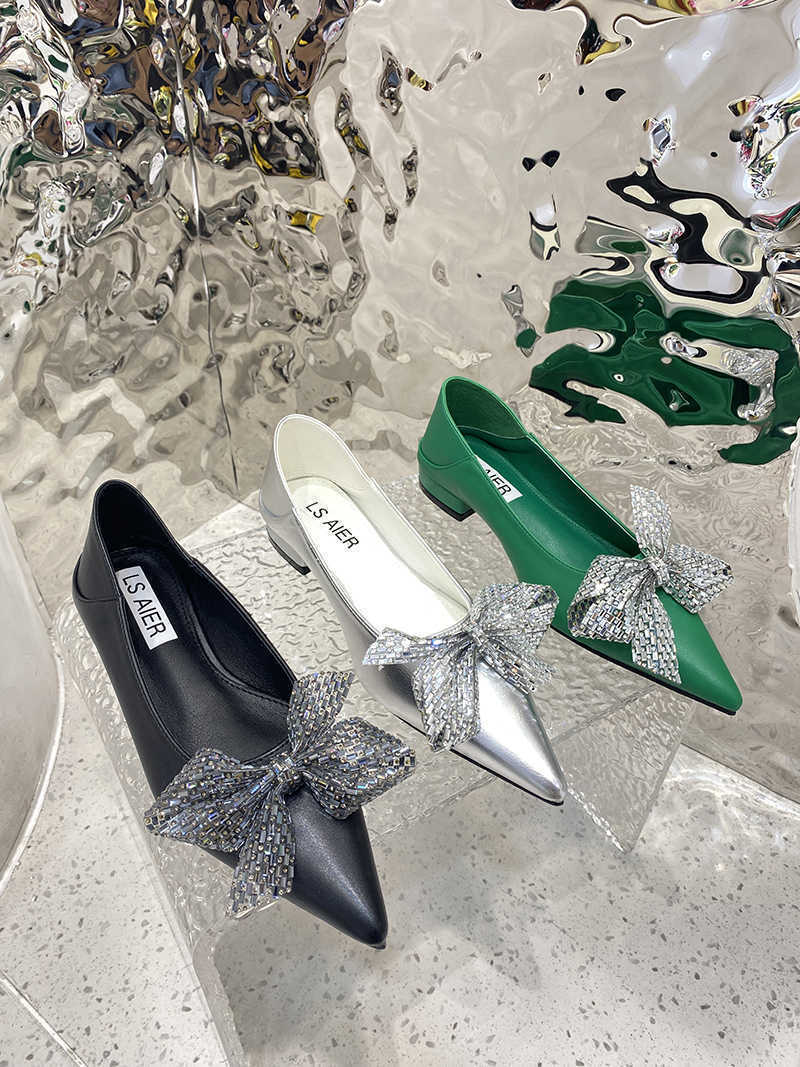 

Dress Shoes Fashion Women Flats Pointed Toe Shallow Slip On Flat Low Heeled Green Black White Rhinestone Bow Design Autumn Spring Loafers T221010