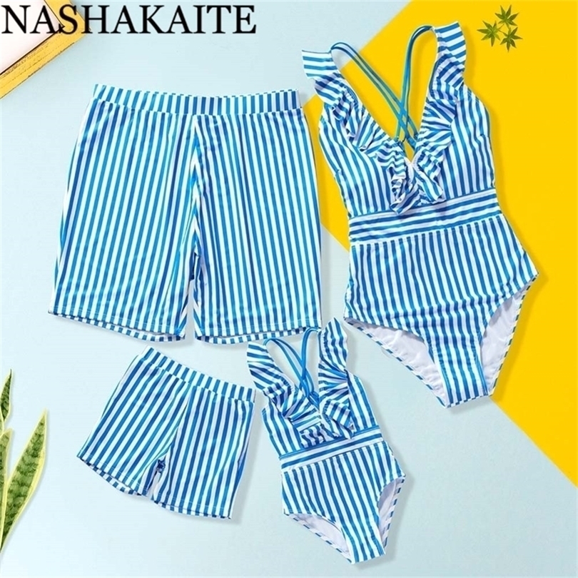 NASHAKAITE Kits familiaux bleu rayé col en V profond croisé maman et moi maillot de bain été maillots de bain famille Look mère et fille 220531