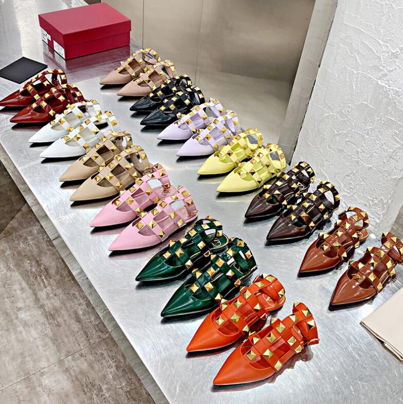 

Designer Sandals Women High Heel Shoes V Slippers Big Rivets Pointed Toe Genuine Leather Lady Brand Summer Candy Color Wedding Shoes 34-44 with Box, 37