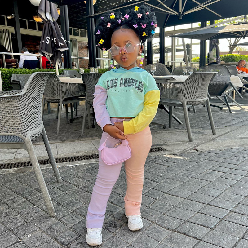 

New autumn children's clothing set fashion color matching casual toddler girls hoodie sets drawstring pants, As picture