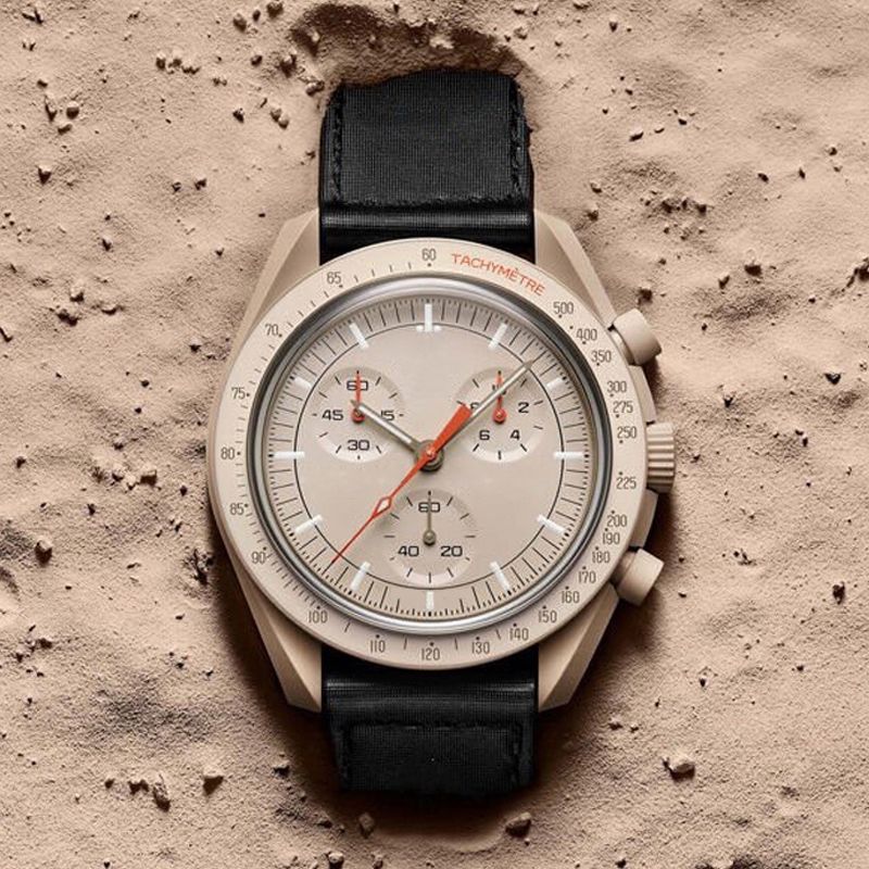 

Mens Watch Moon Bioceramic Planet Watches high quality Function Quarz Chronograph Watch Mission To Mercury moon Pluto Neptune Black Nylon Montre De Luxe, Watch box