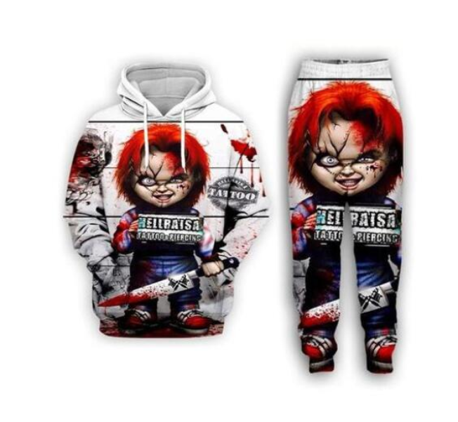 

2023 New Fashion Mens Womens Horror Movie Chucky Tracksuits 3D Print Hoodie Pants G01, Multi