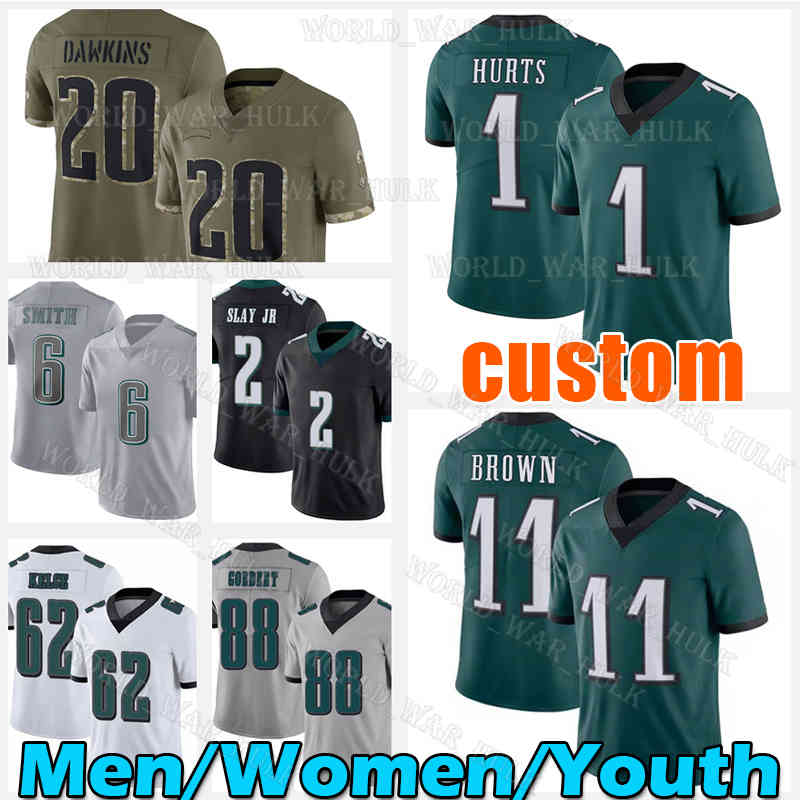 

1 Jalen Hurts Football Jersey 2 Darius Slay Jr 11 AJ Brown 62 Jason Kelce DeVonta Smith Goedert 90 Davis Brandon Graham Philadelphia Eagles Miles Sanders Brian Dawkins, Custom youth (lao y)