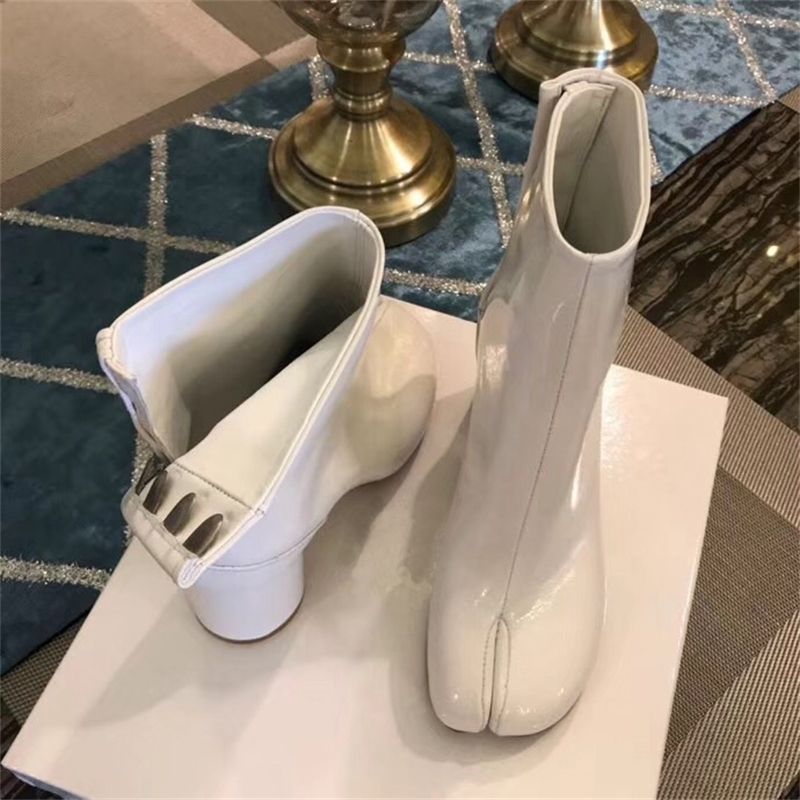 

Boots Tabi Split toe Women cream colored Leather Buckle Chunky Block Heels Booties Botas Feminina Shoes Woman, As picture