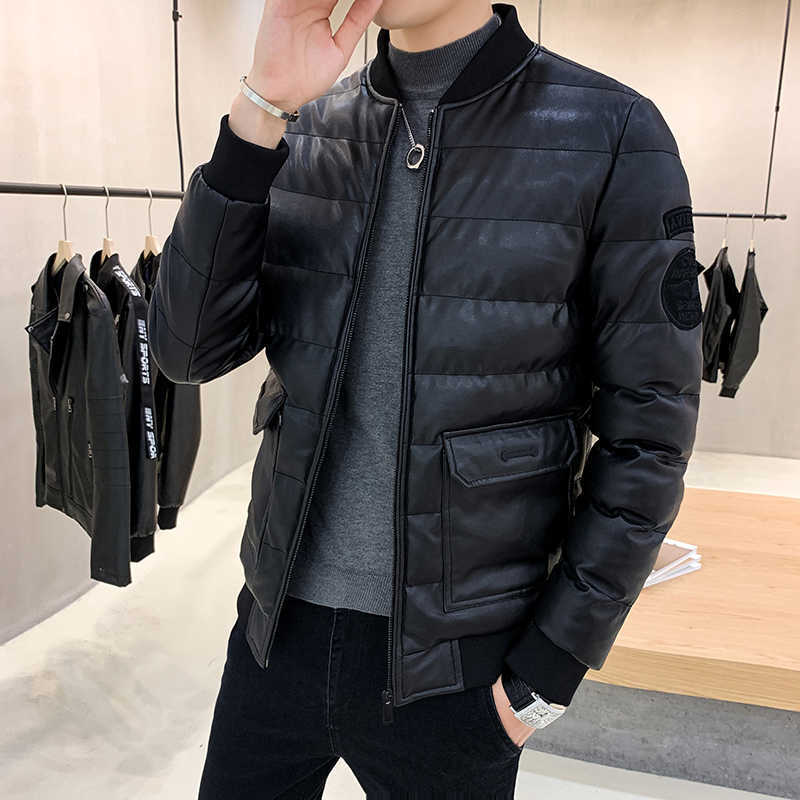 Men's Jackets YASUGUOJI New Fashion Cotton-padded Men's PU Leather Jacket Casual Slim Fit Jacket Men Warm Parka Mens Winter Jackets and