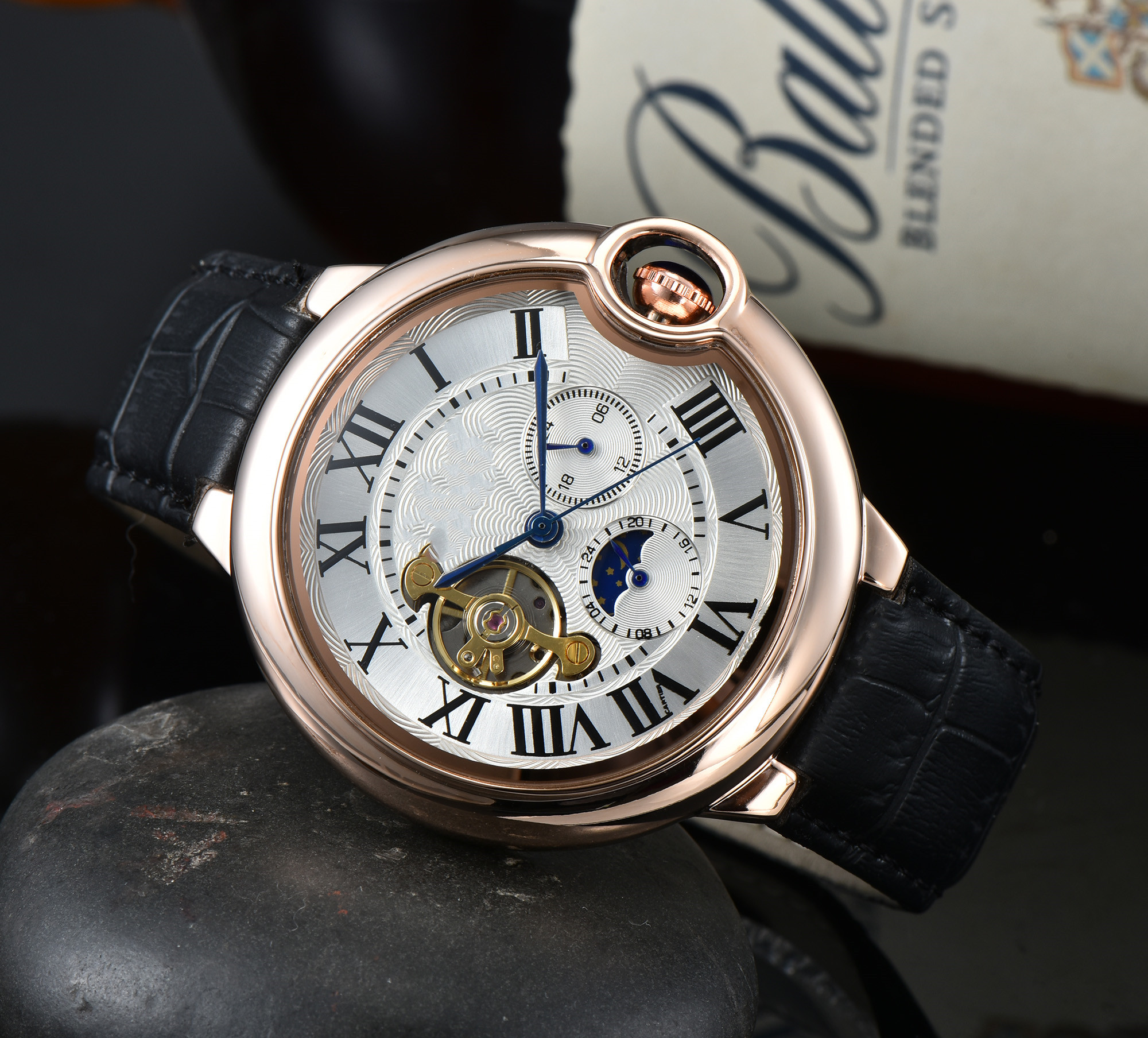 

2022 New luxury mens watches Large flywheel Four stitches automatic Mechanical watch moon Phase wristwatches high quality Top brand leather strap Fashion Gift, Brown