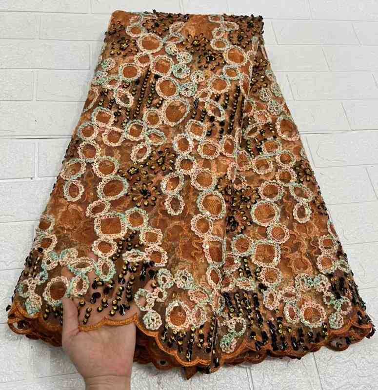 

Fabric Branded Orange Nigerian African Asoebi Fabric Guipure Cord Sequince Net Tulle Lace For Bridal Dress Sewing J220909