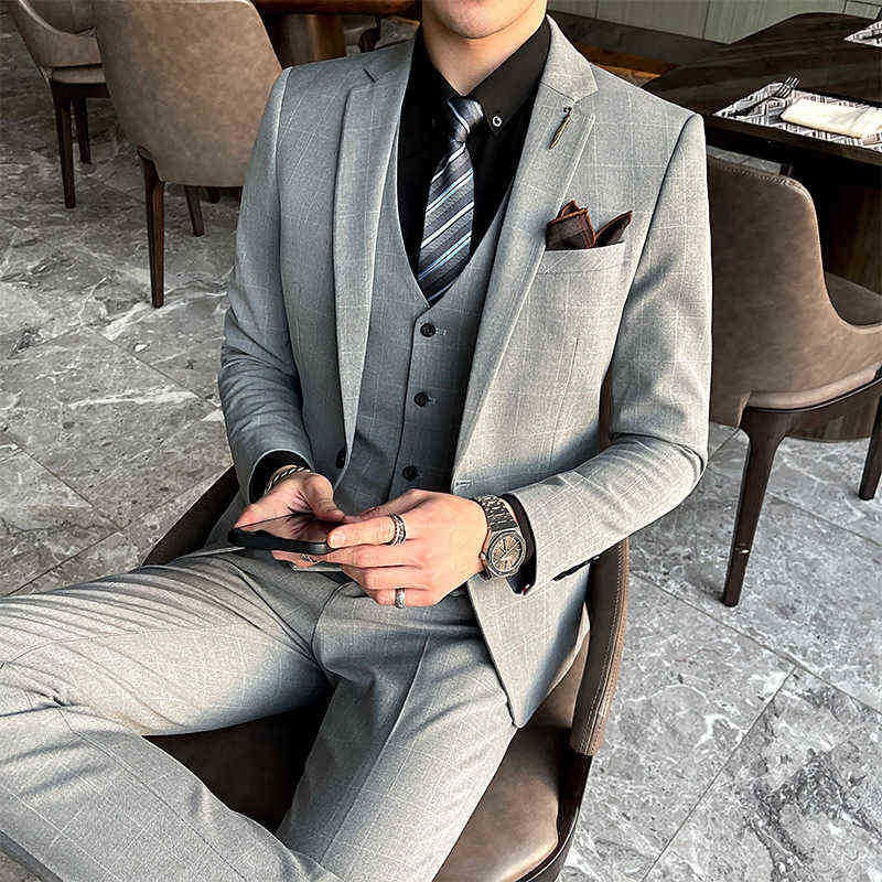 

Suits Blazers 2022 Men Plaid Handsome Suit Casual Trend Slim Fit Suit Three Pieces J220906, Light grey