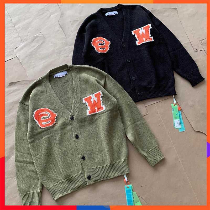 

Men Sweater Ow 22fw Funny Letter Decal Long Sleeve Knitwear V-neck Cardigan Couple Suit Versatile Coat, Black