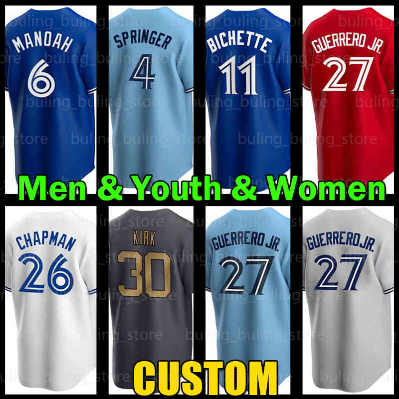 

Vladimir Guerrero Jr Blue Jays Jersey 26 Matt Chapman George Springer Bo Bichette Cavan Biggio Hyun-Jin Ryu 30 Alejandro Kirk 68 Romano Teoscar Hernandez Danny Jansen, Men custom cool base(l n)