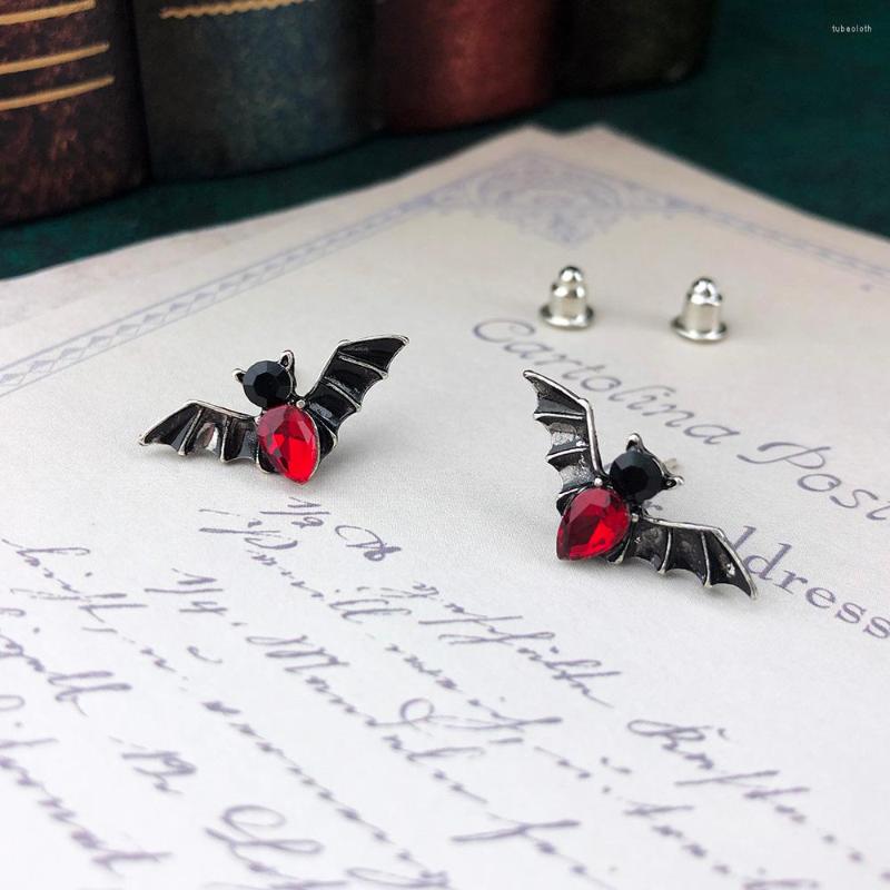 

Stud Earrings VamGoth Bat For Women Men Punk Red Crystal Gift Ancient Silver Color Party Wholesale Jewelry