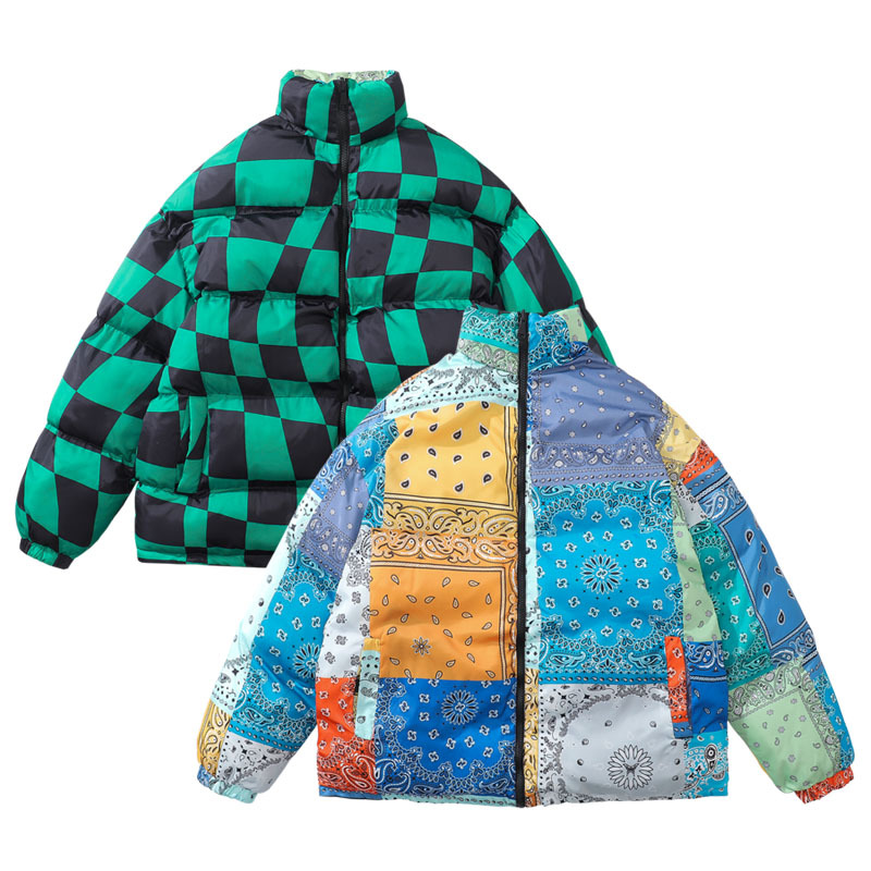 Hommes veste réversible en hiver parka streetwear bandana paistey imprimer le bloc de couleurs de couleur épaisse couches de puteau chaud harajuk