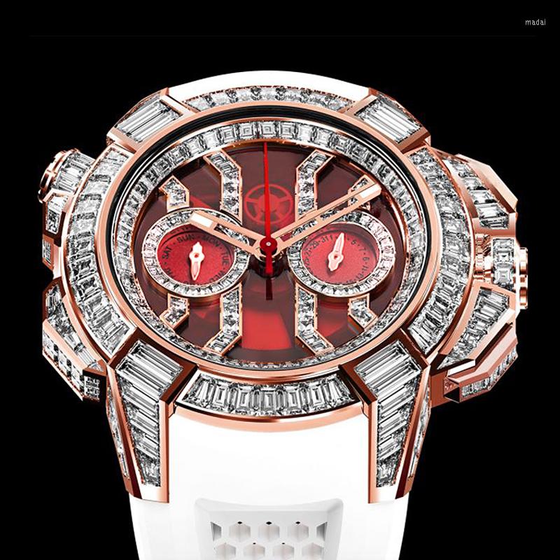 

Wristwatches Hip Hop Watches Men Luxury Top Brand Epic X Series Rose Gold Baguette Diamond White Rubber Chrono Red Male Watch, V318-gw