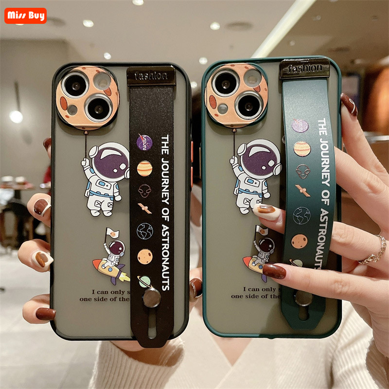 

Cartoon Wrist Strap Holder Phone Cases For iPhone 14 13 12 11 Pro Max Mini X Xs Xr 7 8 Plus Soft Cover Protective Shell Fashion Space Astronaut Robot Pattern, Smile black waistband