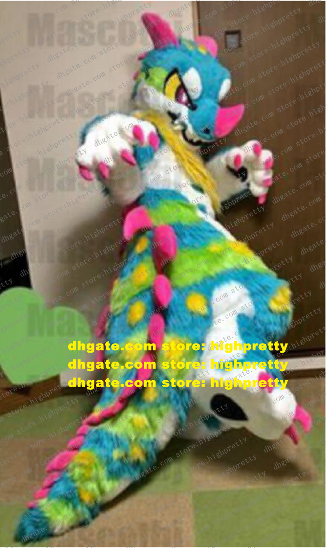 

Long Fur Furry Colorful Dragon Mascot Costume Fursuit Adult Cartoon Character Outfit Business Advocacy Floor Show zz7829, As in photos
