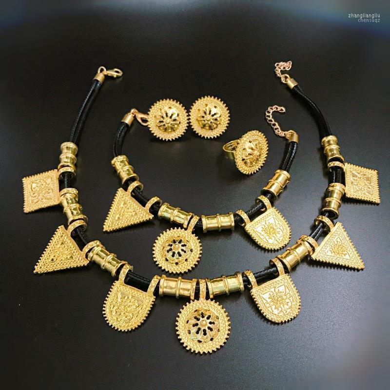 

Necklace Earrings Set & Christmas Gifts African Bridal Wedding Jewelry Accessories Exotic Ethiopian Women Gold Bracelet Sets, Picture shown