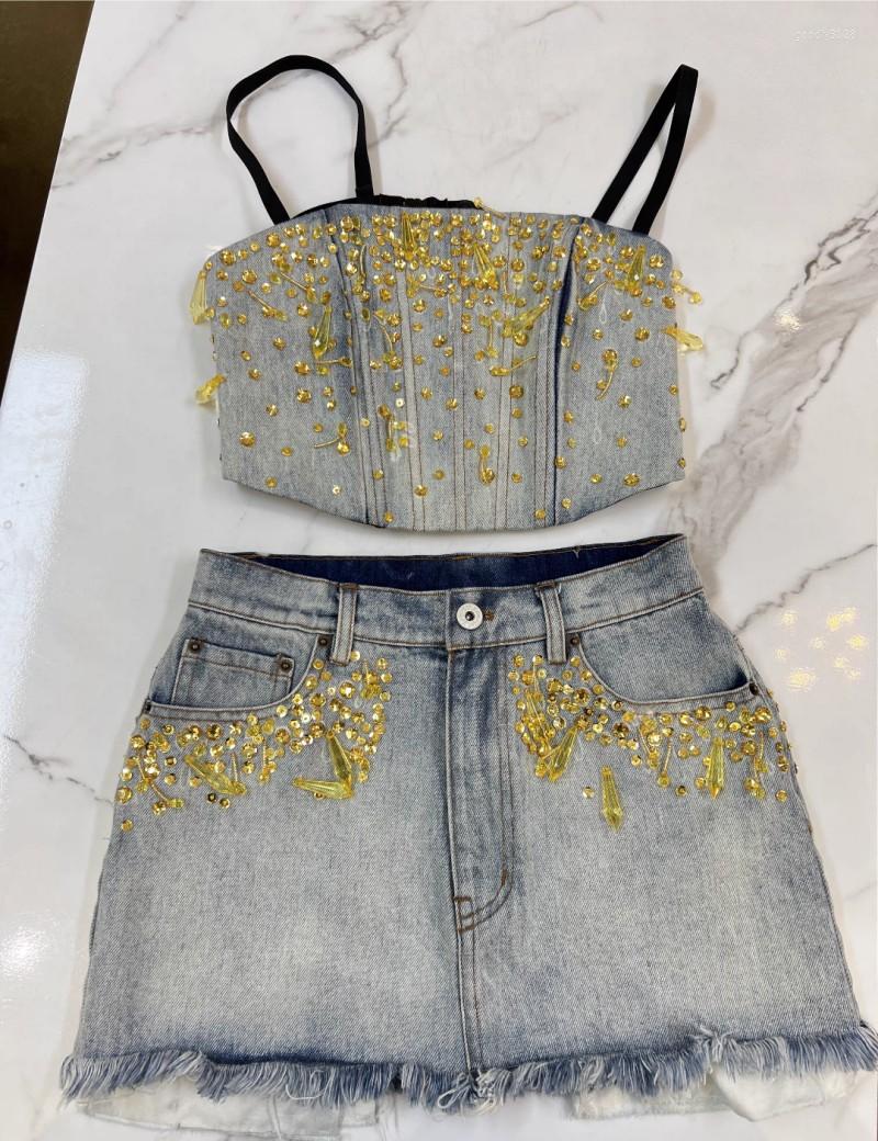 

Work Dresses 2022 Summer Heavy Industry Beaded Diamond Denim Suspender Top Slim A-Line Skirt Women Fashion Suit